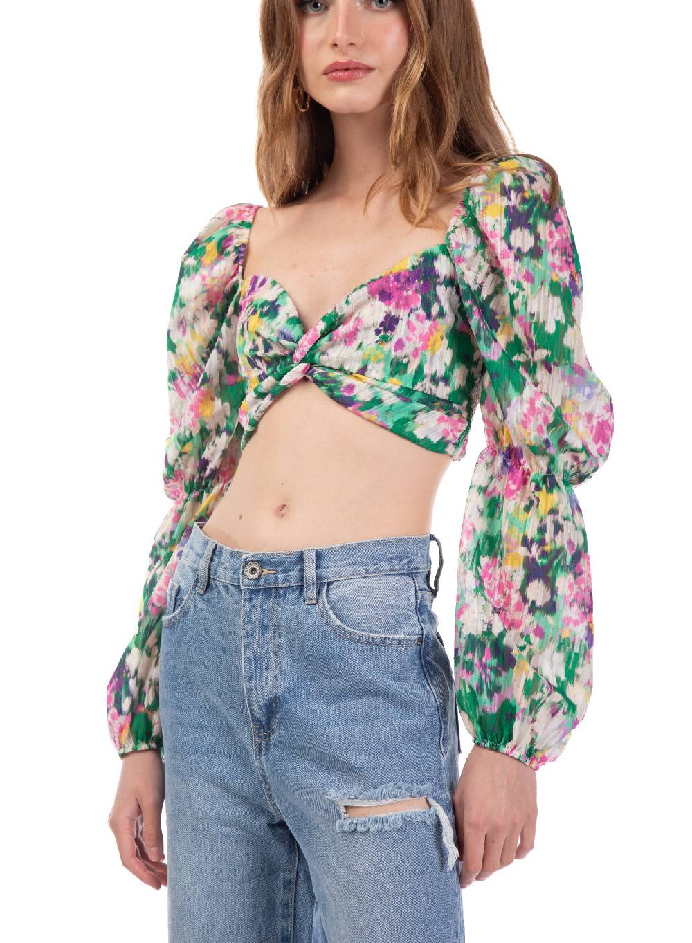 Le Volière Cropped top floreale manica lunga