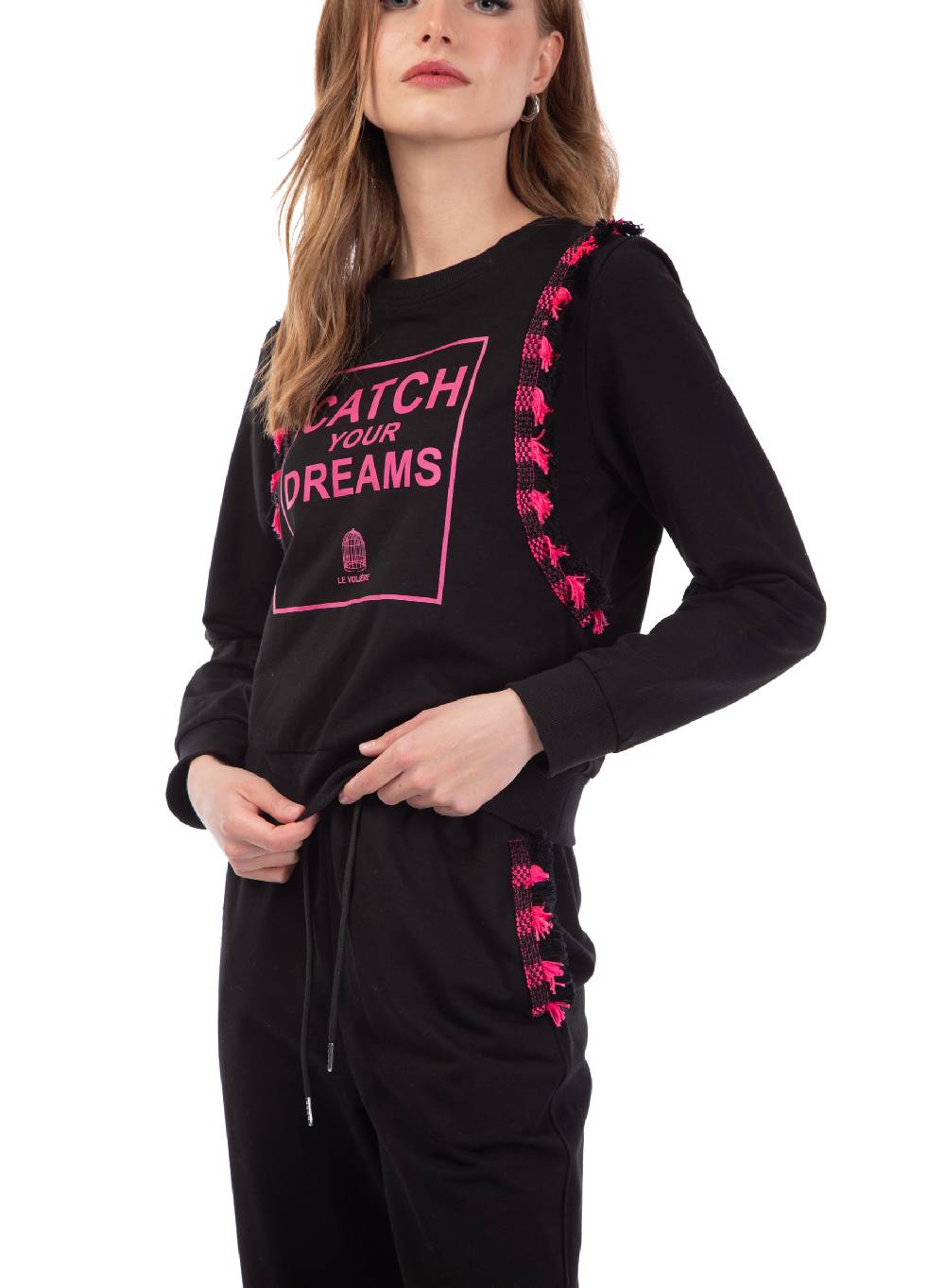 Le Volière Felpa Nera Con Stampa E Frange