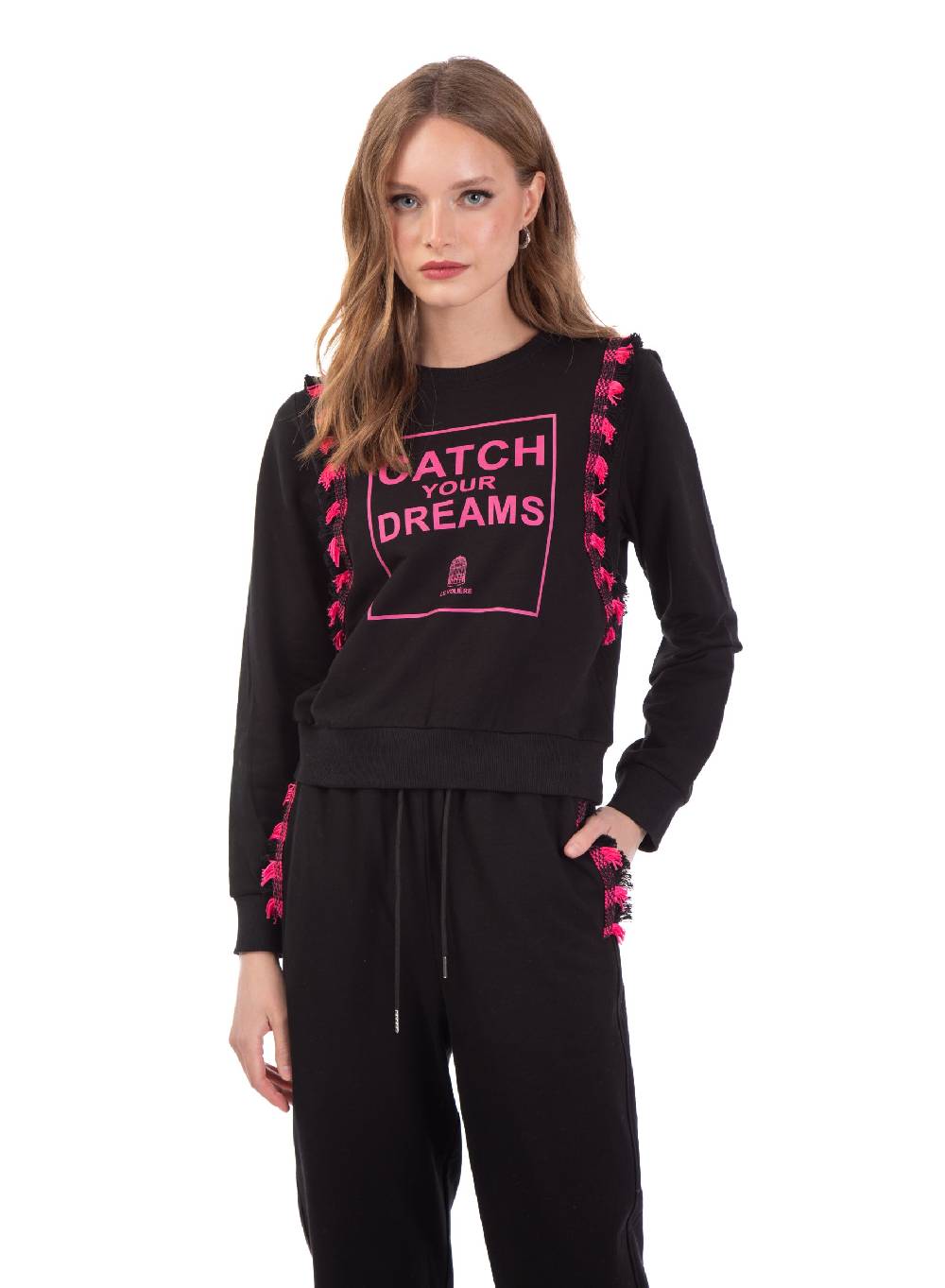 Le Volière Felpa Nera Con Stampa E Frange