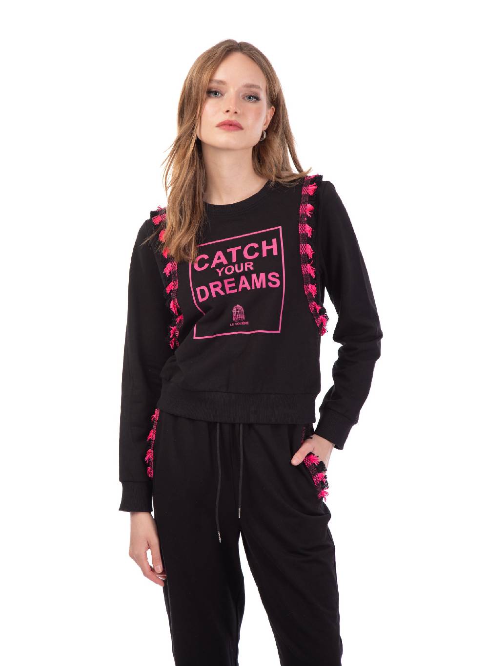Le Volière Felpa nera con stampa e frange