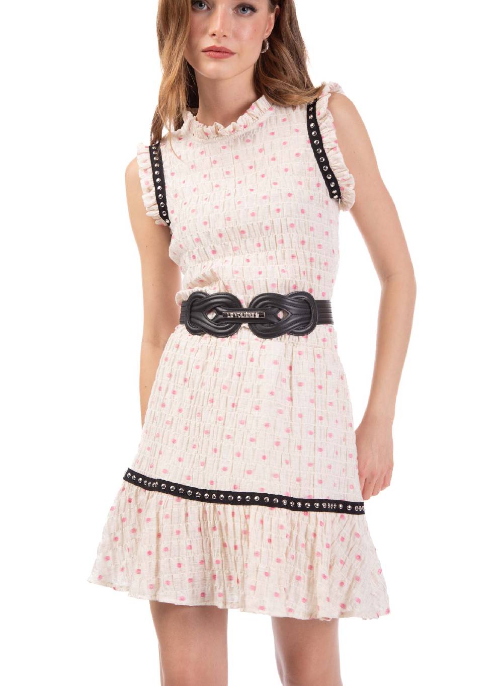 Le Volière Gonna Crepon Avorio Con Pois Rosa