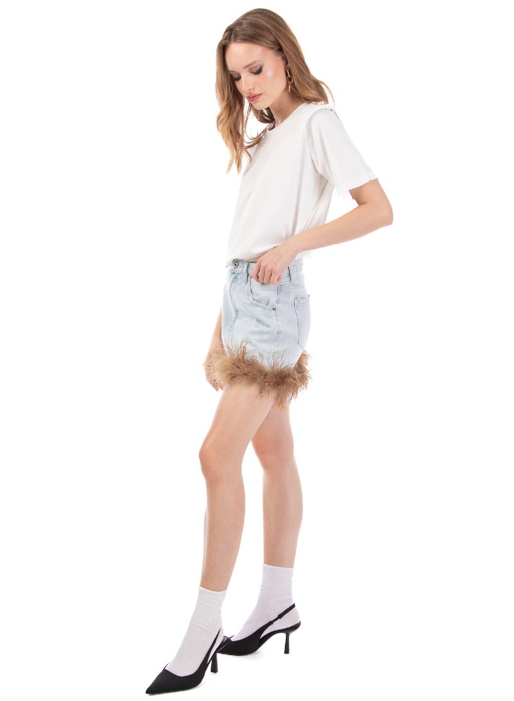 Le Volière Gonna In Denim Con Piume Beige