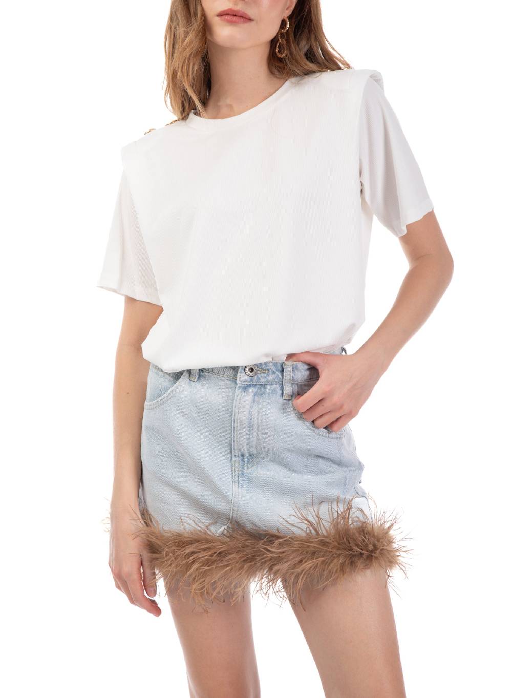 Le Volière Gonna In Denim Con Piume Beige