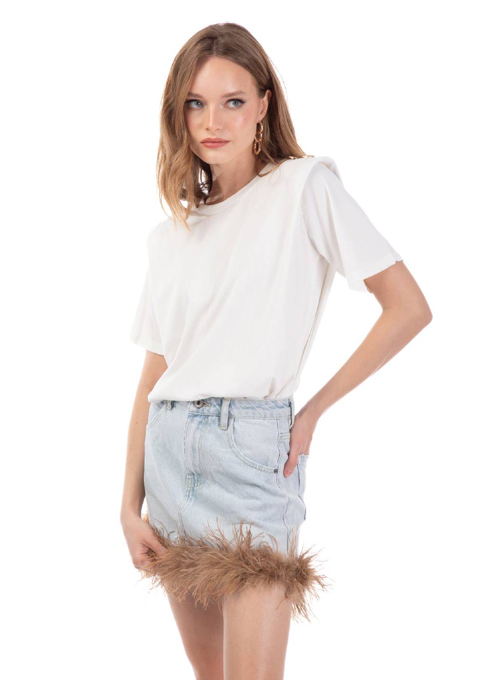 Le Volière Gonna In Denim Con Piume Beige