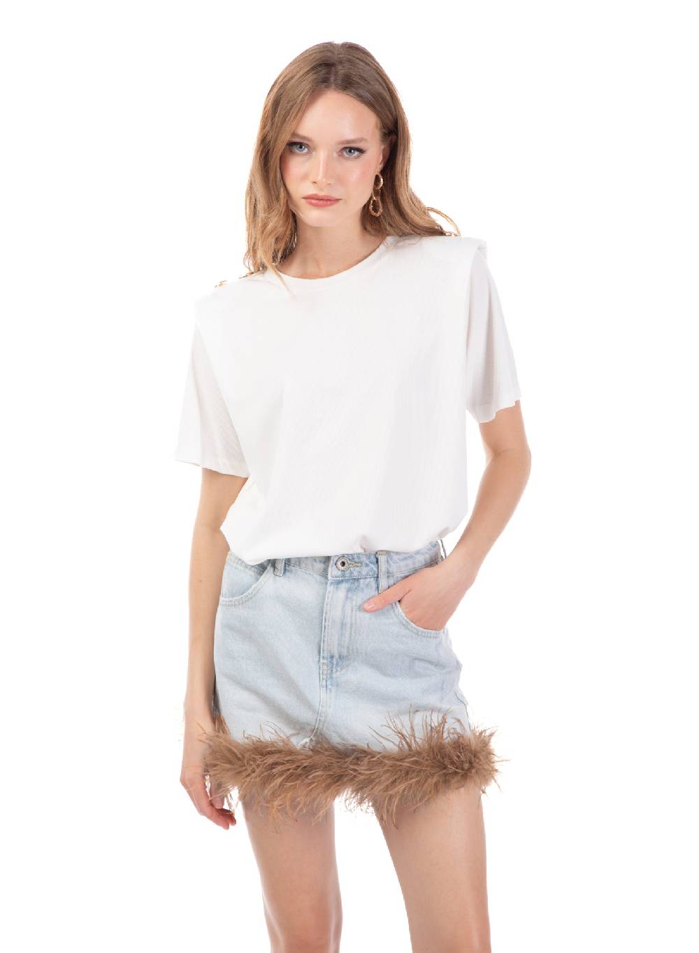 Le Volière Gonna in denim con piume beige