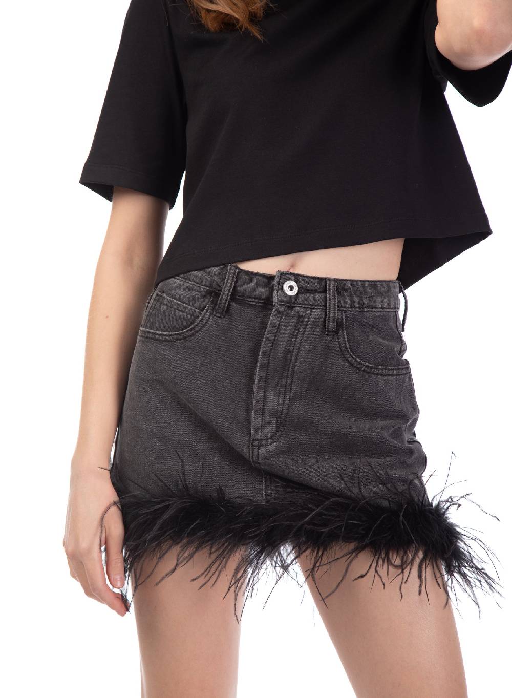 Le Volière Gonna In Denim Grigia Con Piume