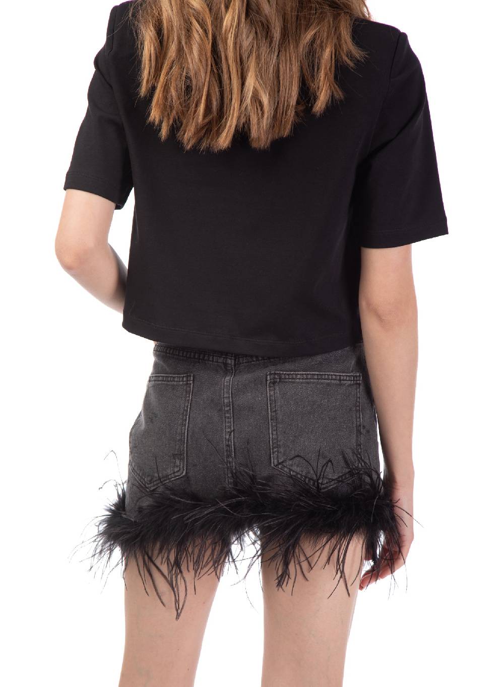 Le Volière Gonna In Denim Grigia Con Piume