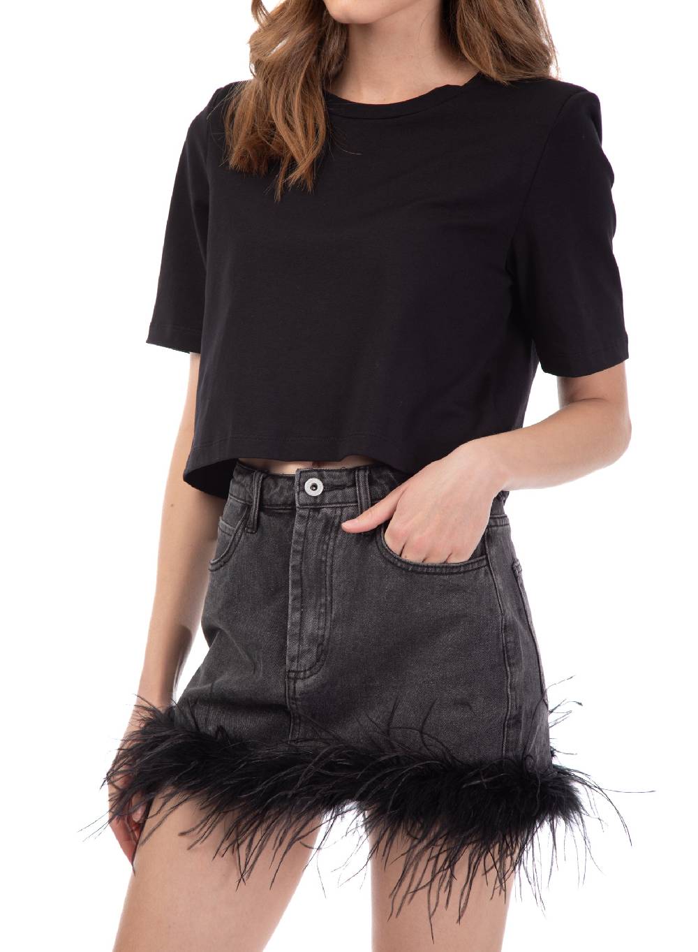 Le Volière Gonna In Denim Grigia Con Piume