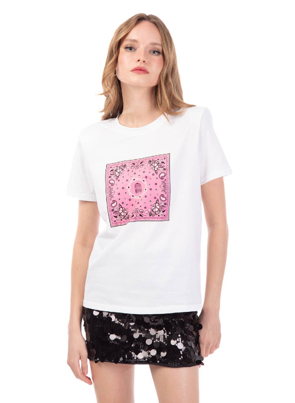 Le Volière T-shirt Bianca Con Stampa Bandana Rosa
