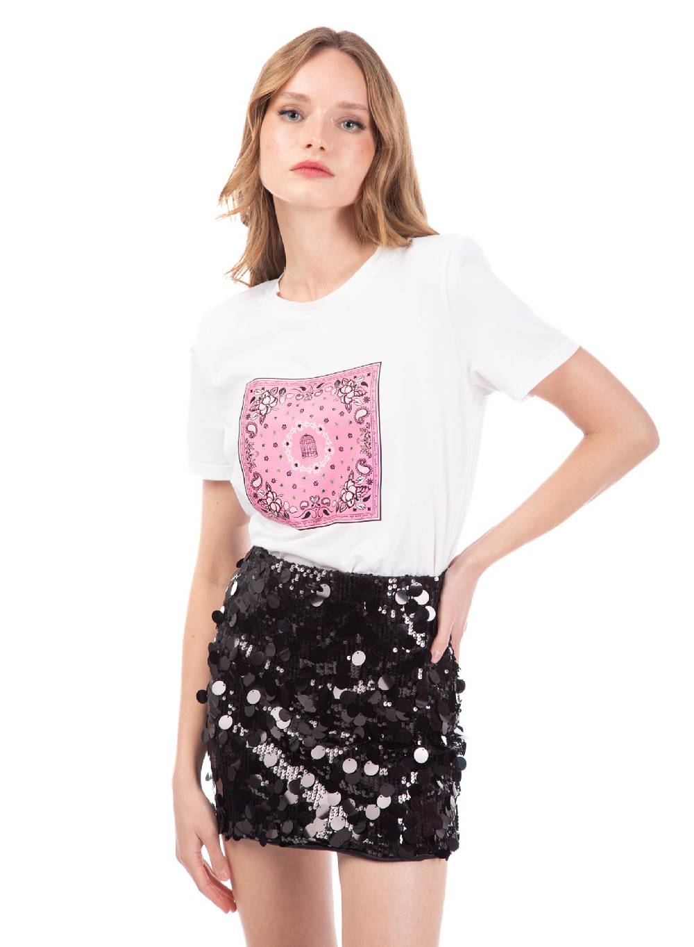 Le Volière T-shirt bianca con stampa bandana rosa