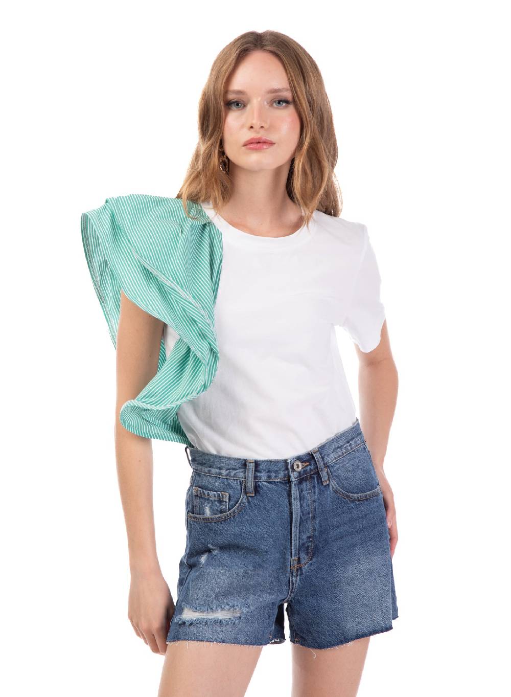 Le Volière T-shirt Bianca Con Volant A Righe