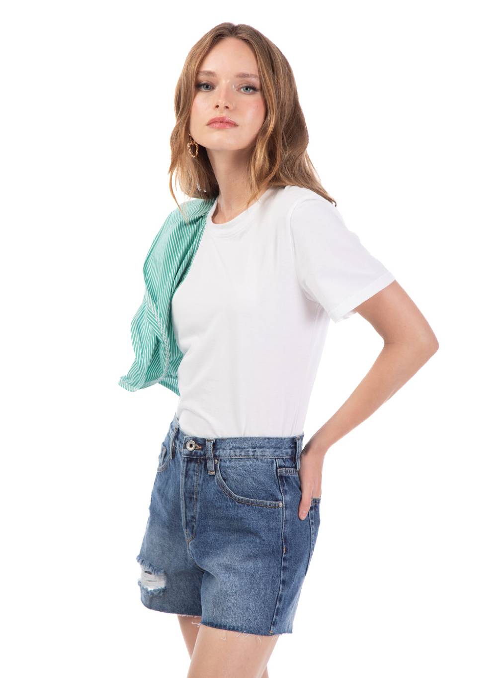 Le Volière T-shirt Bianca Con Volant A Righe