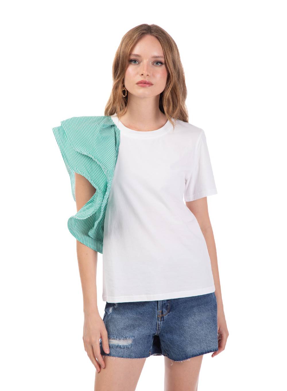 Le Volière T-shirt Bianca Con Volant A Righe
