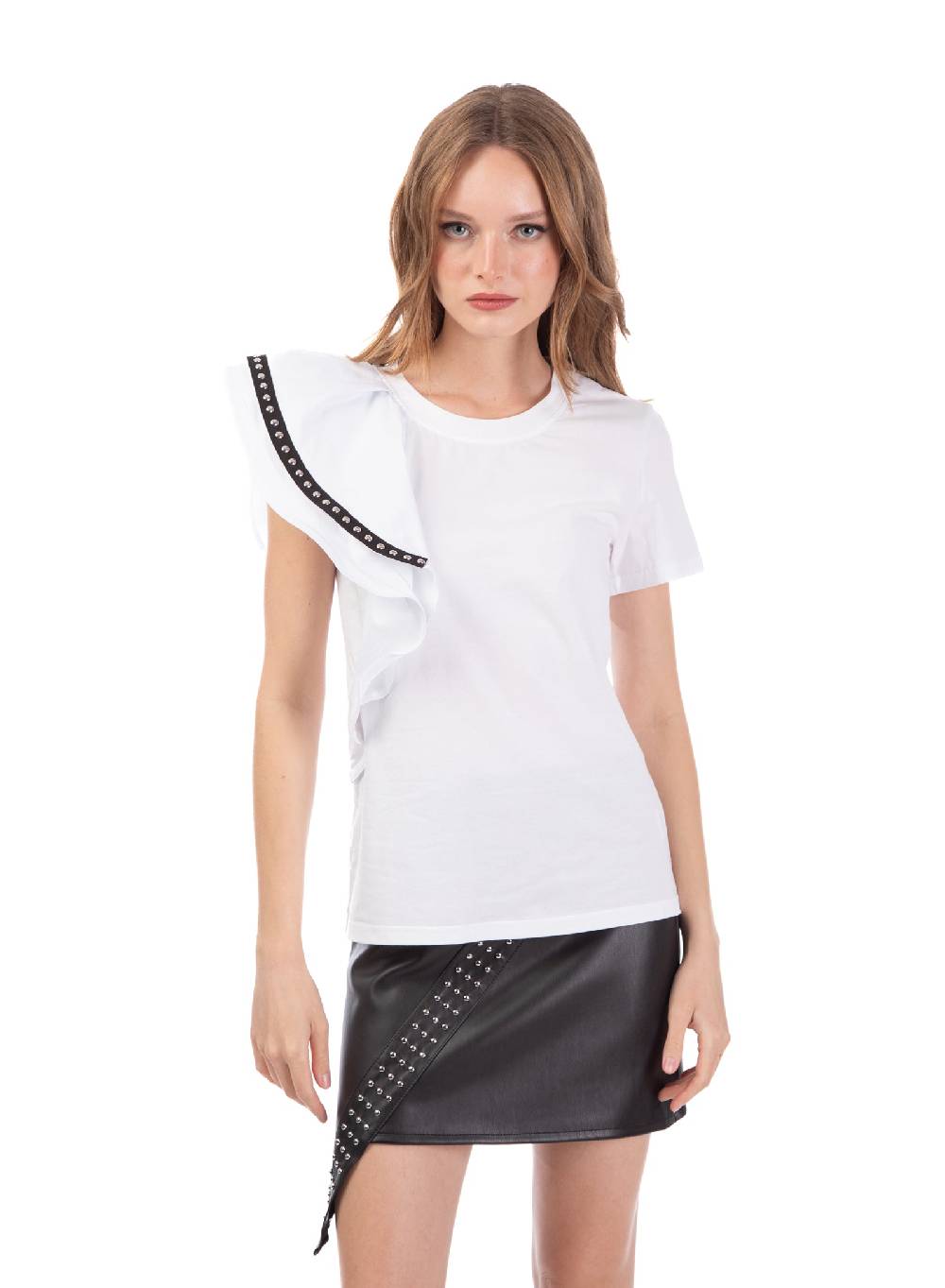 Le Volière T-shirt Bianca Con Volant E Borchie