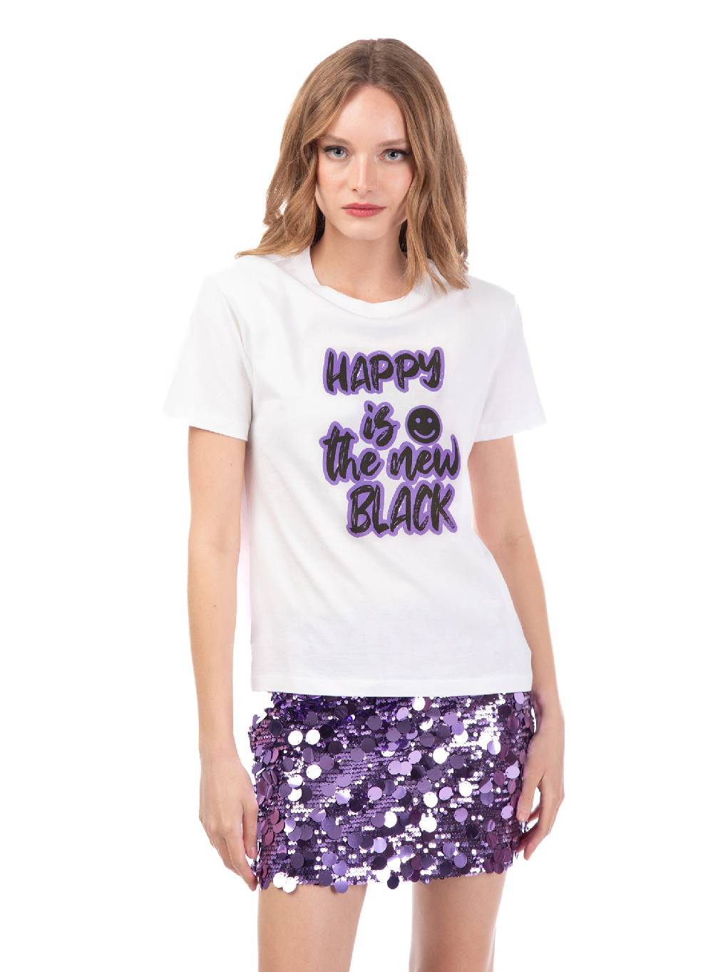 Le Volière T-shirt Bianca 'Happy Is The New Black'