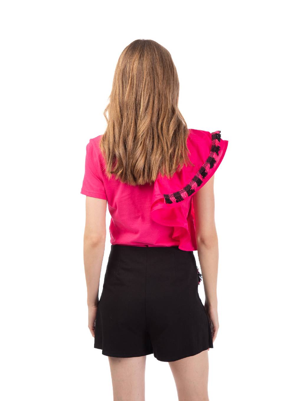 Le Volière T-shirt Fucsia Con Volant E Frange