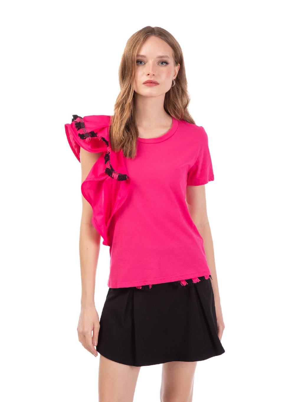 Le Volière T-shirt Fucsia Con Volant E Frange