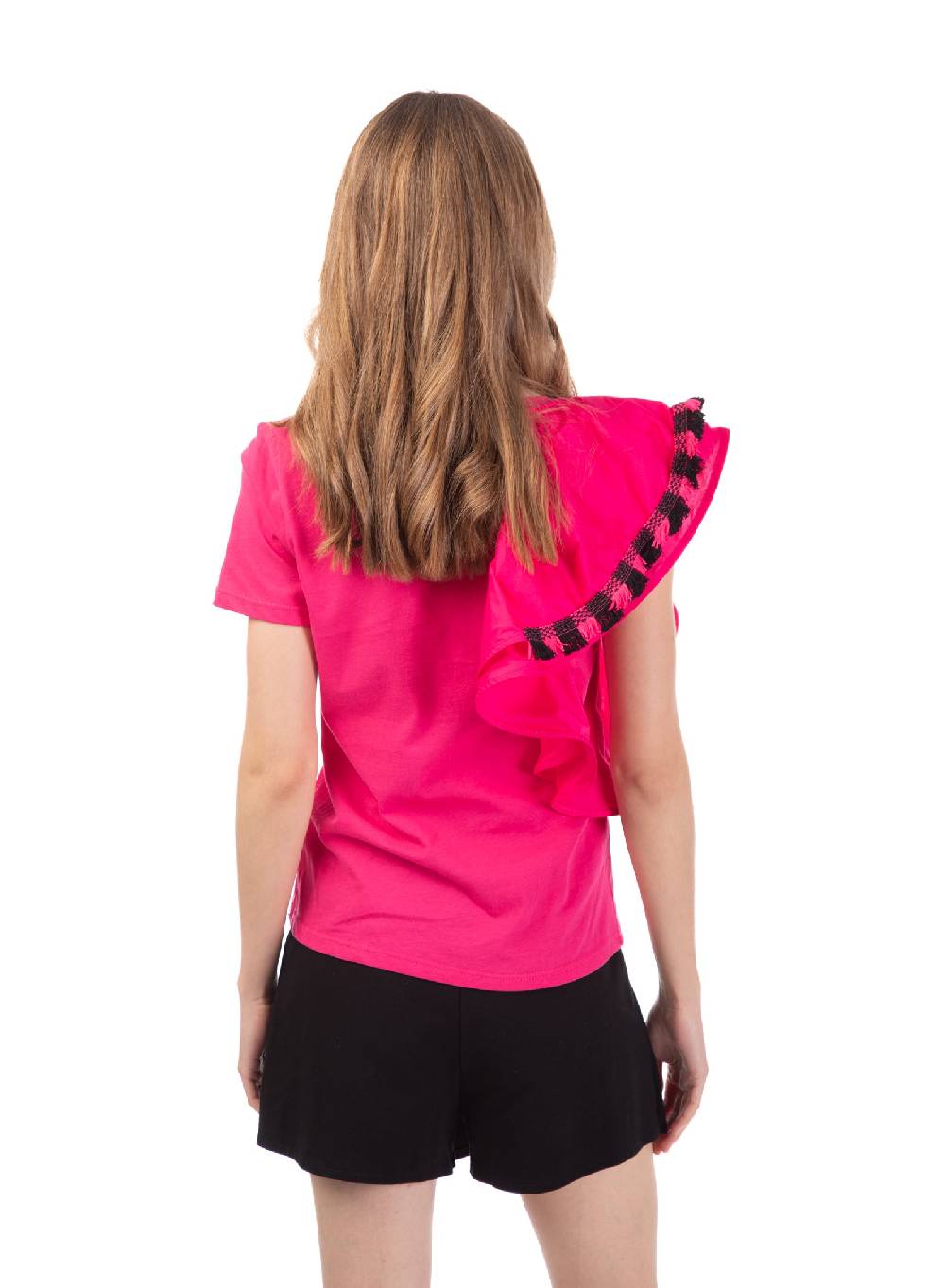 Le Volière T-shirt Fucsia Con Volant E Frange