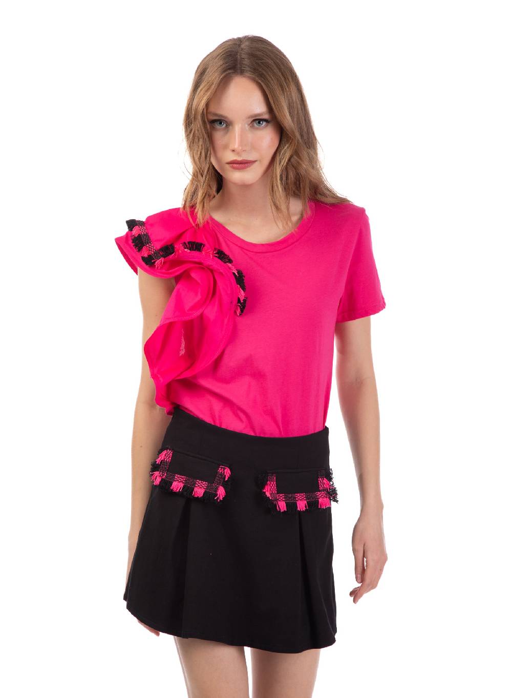 Le Volière T-shirt fucsia con volant e frange