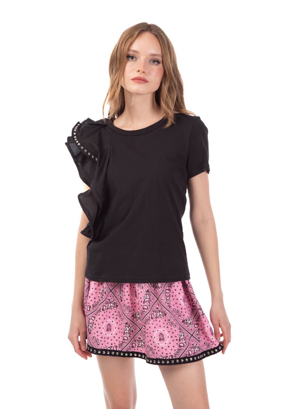 Le Volière T-shirt Nera Con Volant E Borchie