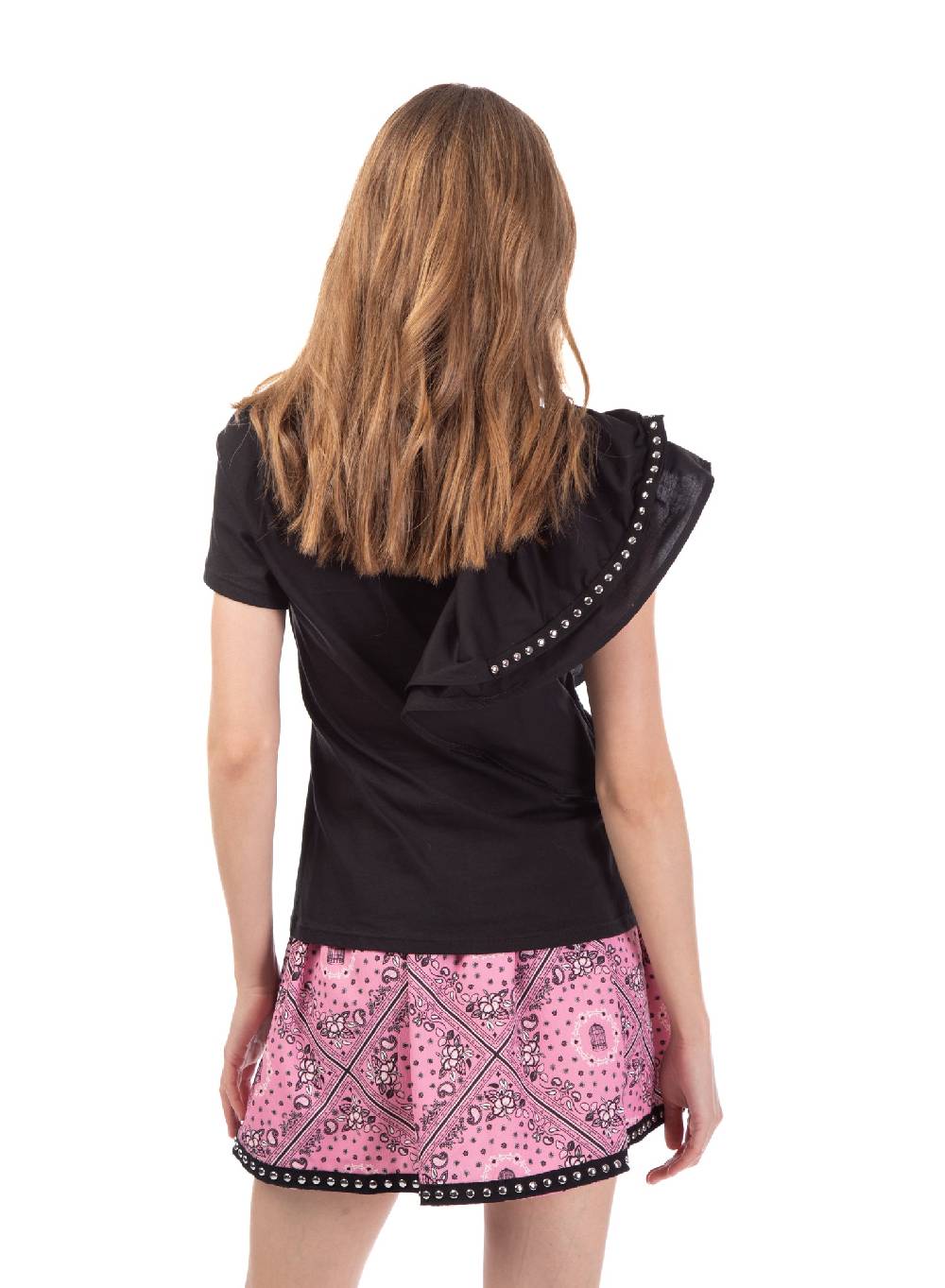 Le Volière T-shirt Nera Con Volant E Borchie