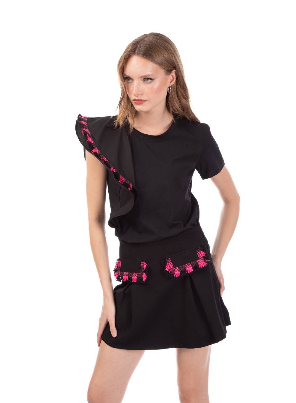 Le Volière T-shirt Nera Con Volant E Frange