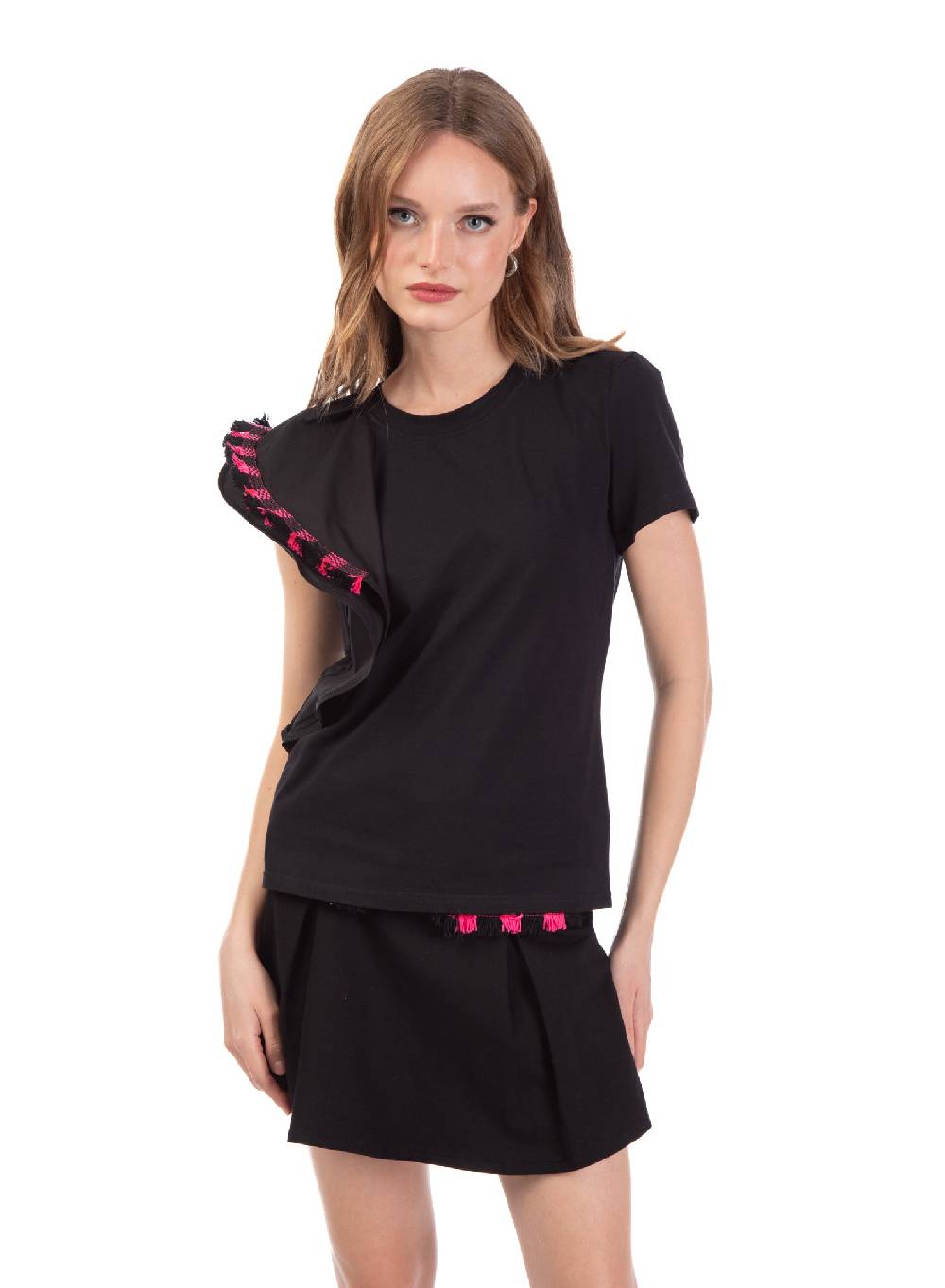 Le Volière T-shirt Nera Con Volant E Frange