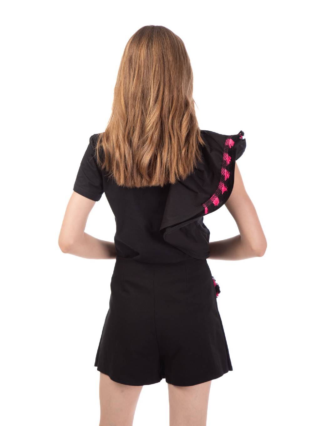 Le Volière T-shirt Nera Con Volant E Frange