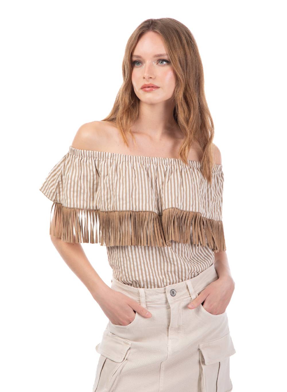 Le Volière Top Bacchettato Beige Con Frange