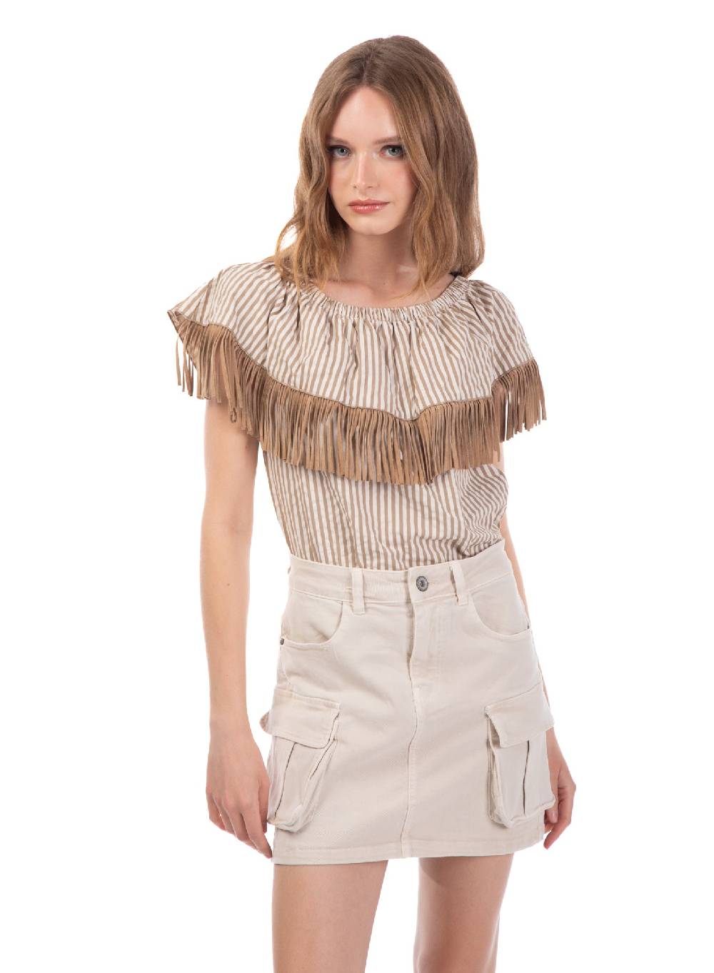 Le Volière Top Bacchettato Beige Con Frange