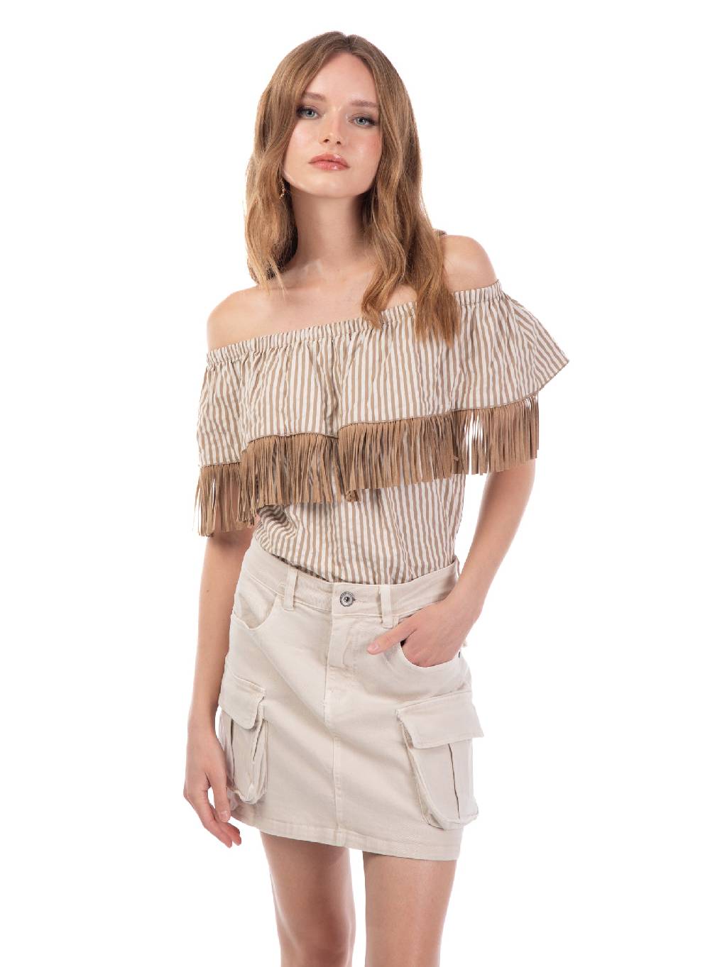 Le Volière Top Bacchettato Beige Con Frange