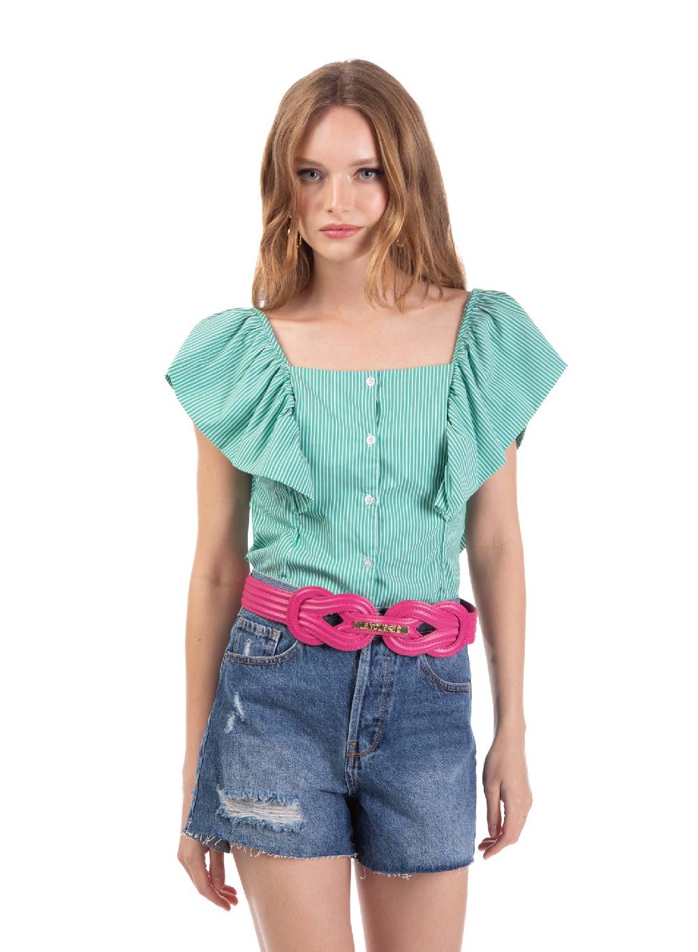 Le Volière Top con volant in popeline a righe