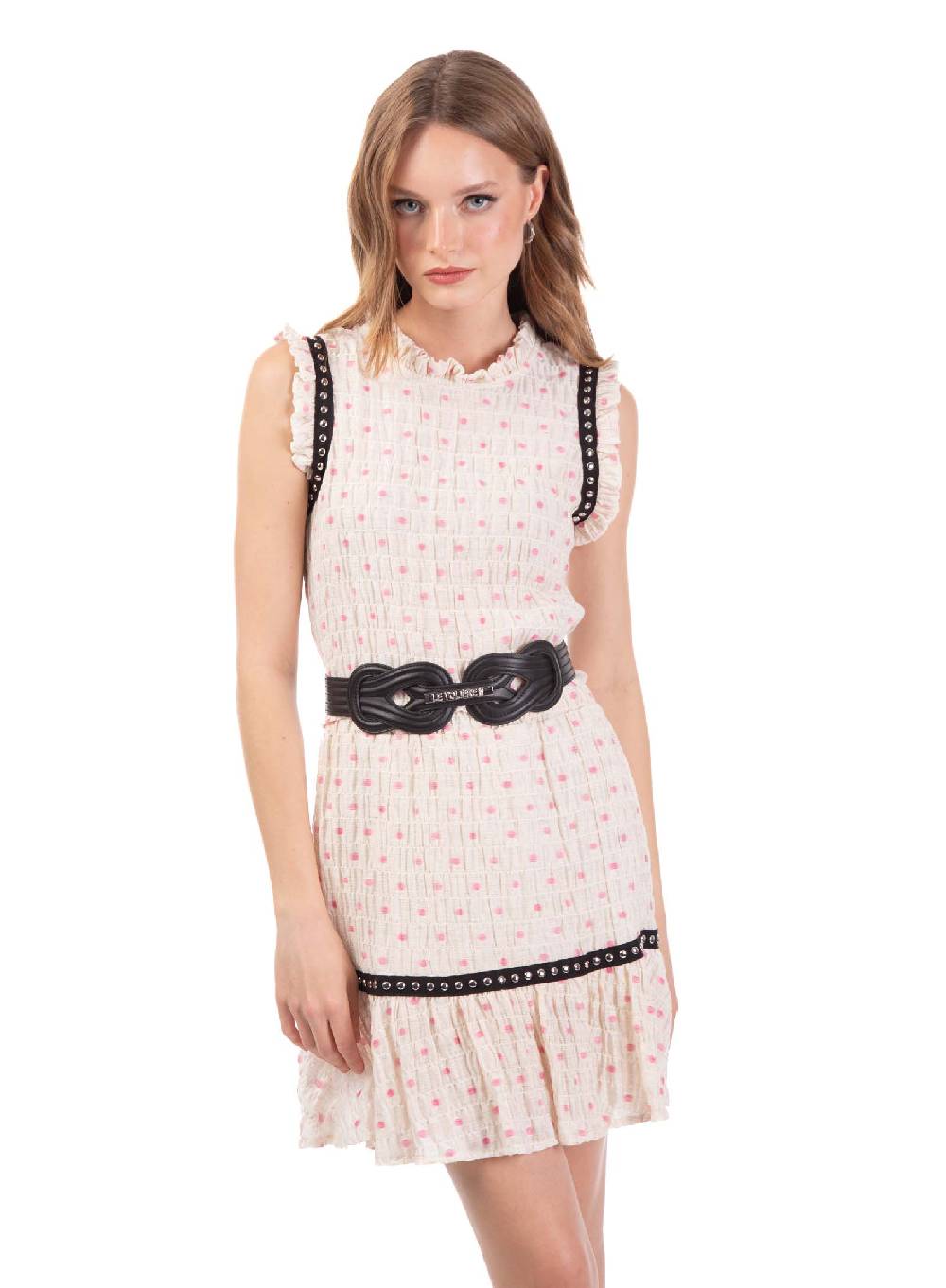 Le Volière Top Crepon Avorio Con Pois Rosa