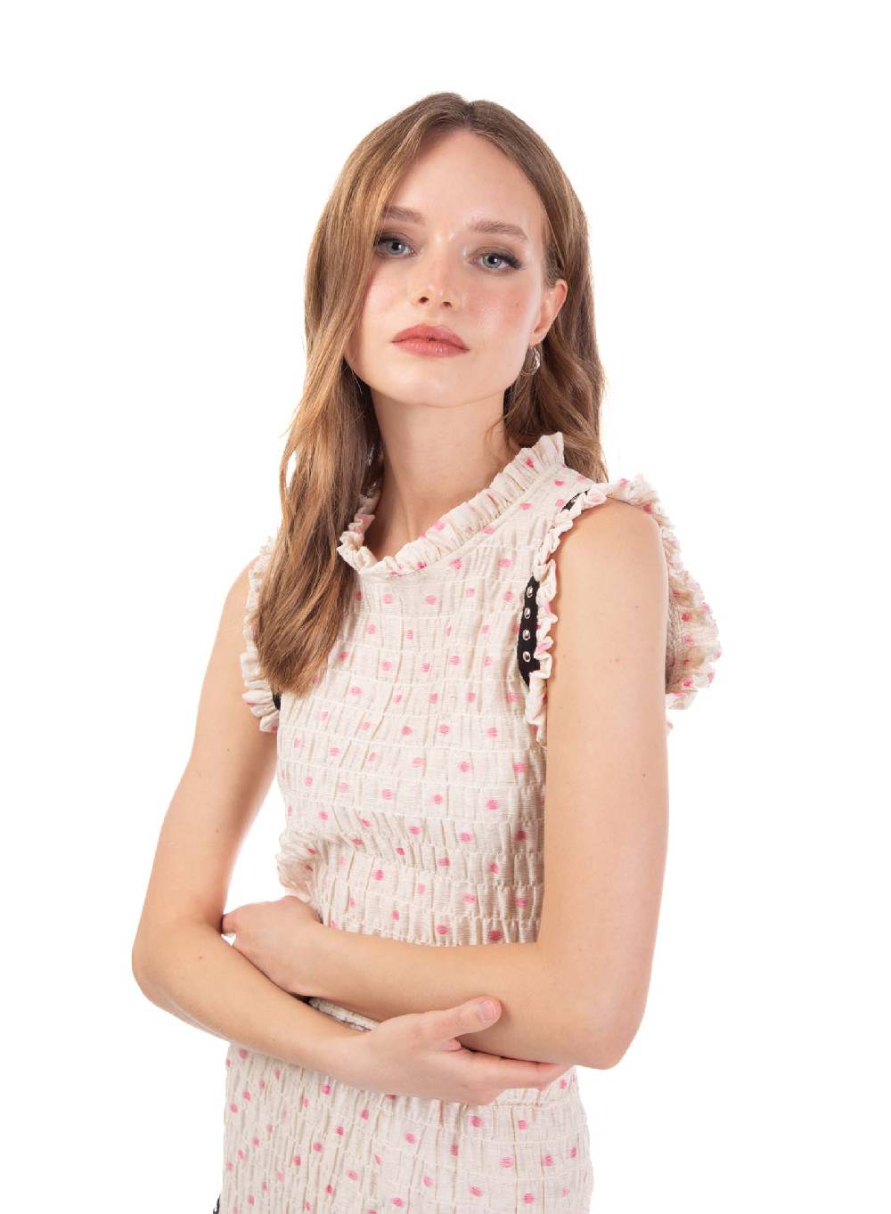 Le Volière Top crepon avorio con pois rosa