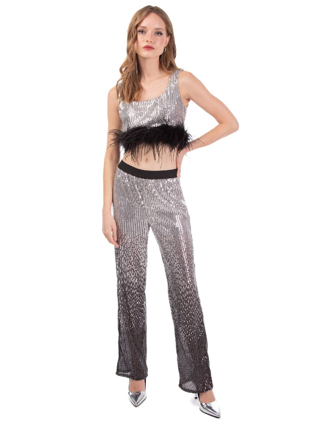 Le Volière Top Di Paillettes Argento Con Piume