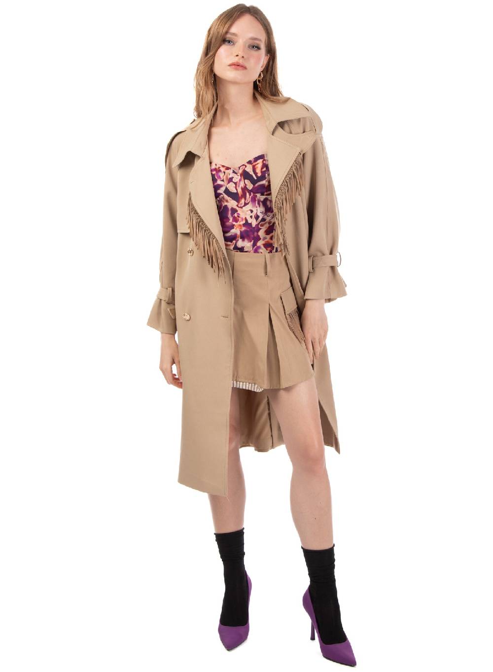 Le Volière Trench Beige Con Frange In Suede