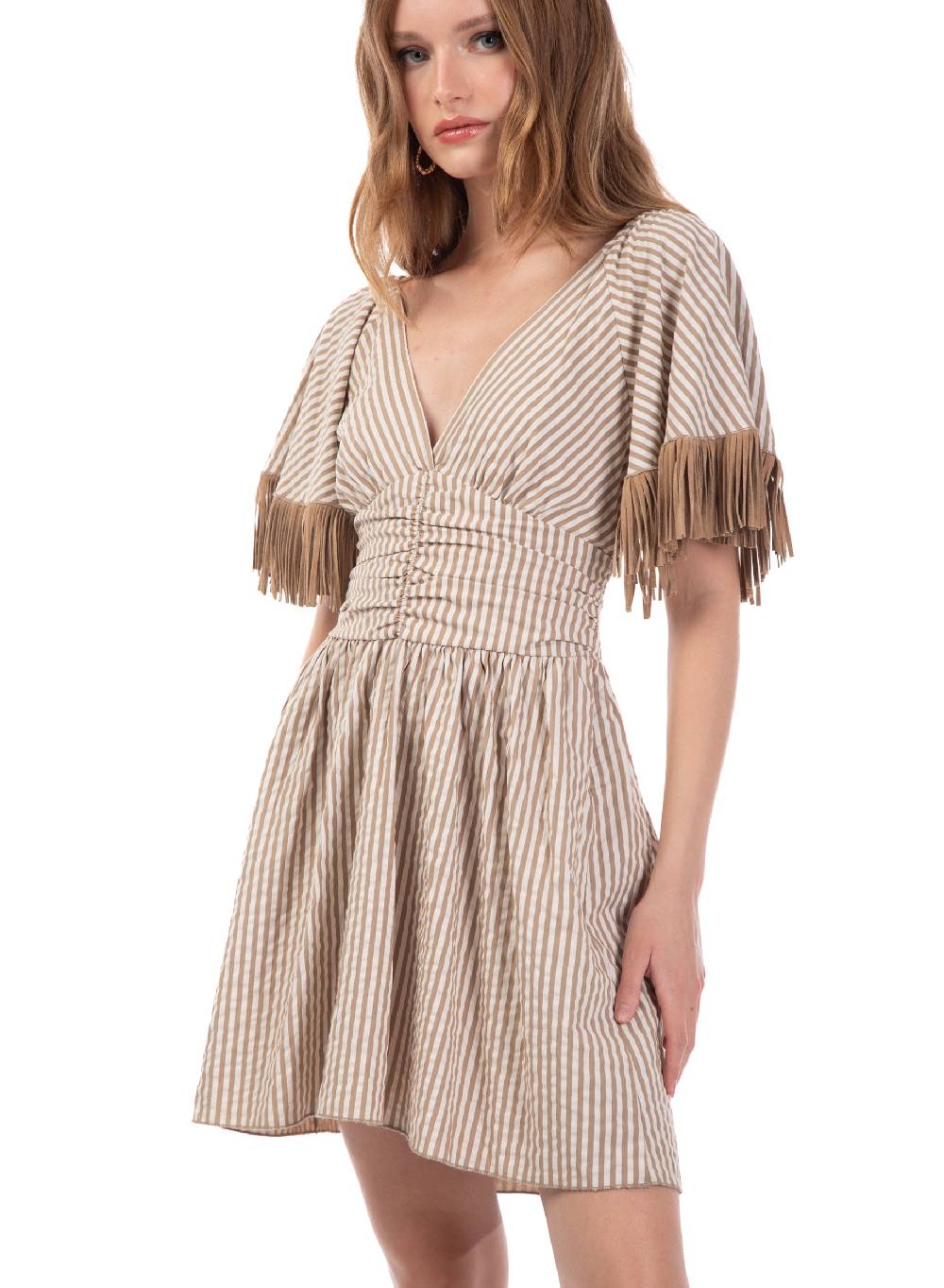 Le Volière Vestito Bacchettato Beige Con Frange