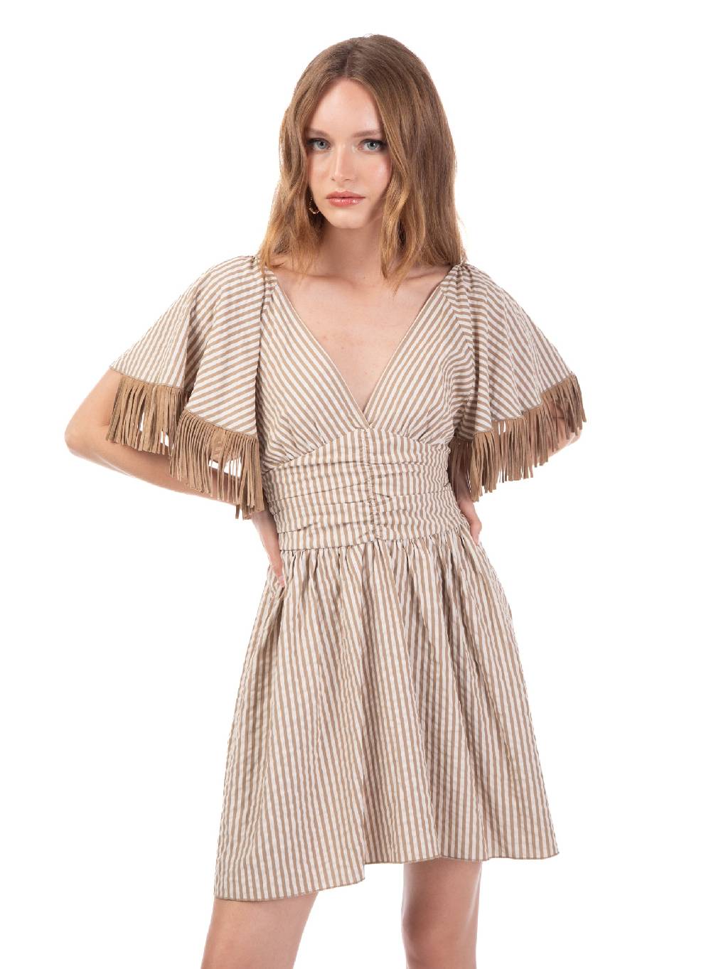 Le Volière Vestito Bacchettato Beige Con Frange