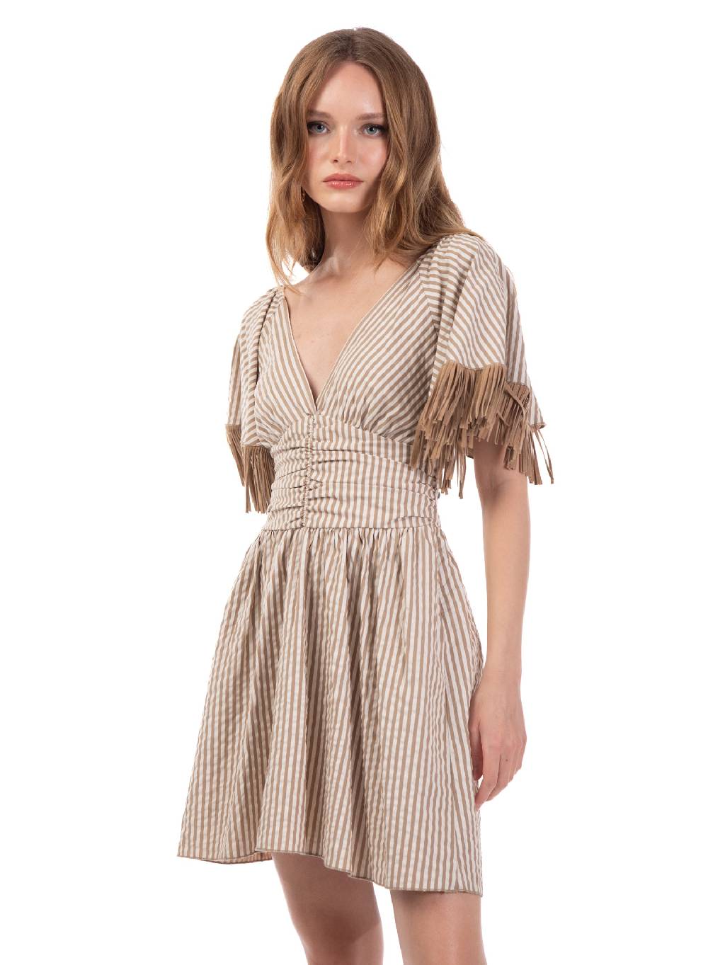 Le Volière Vestito Bacchettato Beige Con Frange