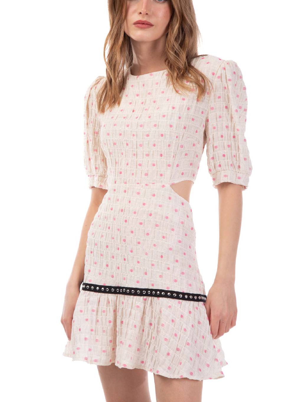 Le Volière Vestito Crepon Avorio Con Pois Rosa