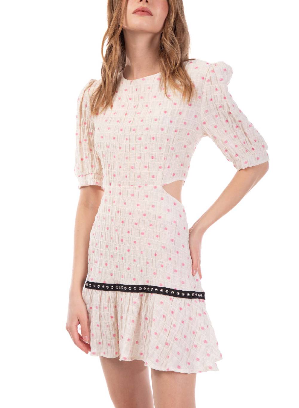 Le Volière Vestito Crepon Avorio Con Pois Rosa
