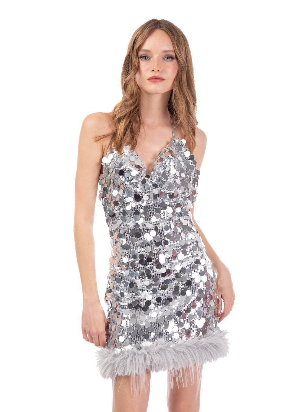 Le Volière Vestito di paillettes argento con piume