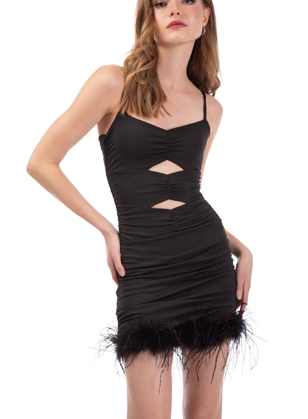 Le Volière Vestito Elasticizzato Nero Con Piume