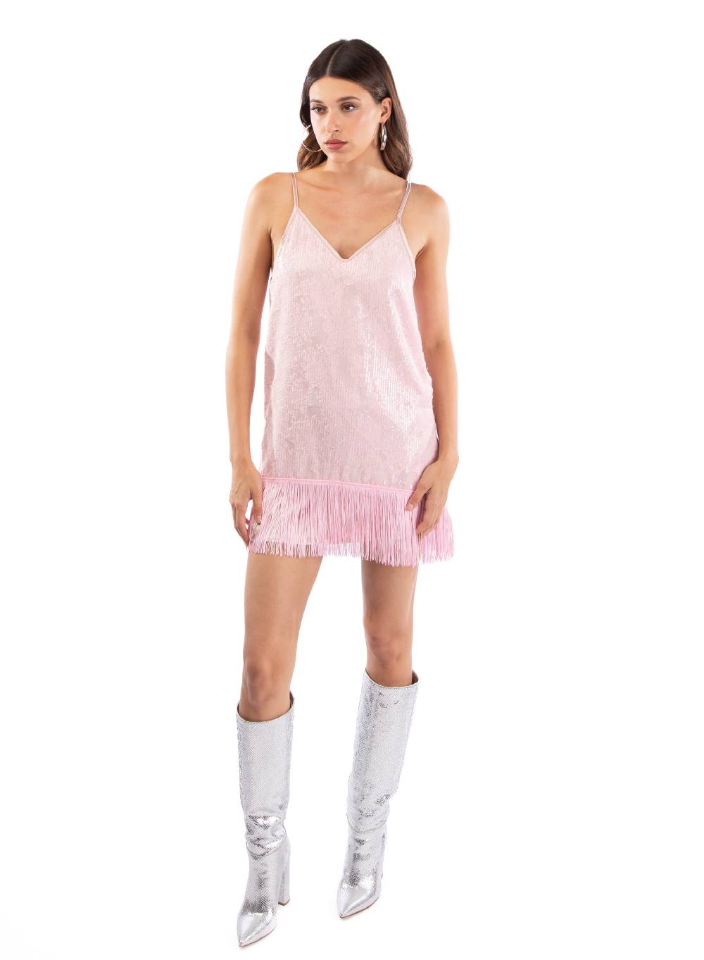 Le Volière MADISON Vestito Rosa Di Paillettes Con Frange