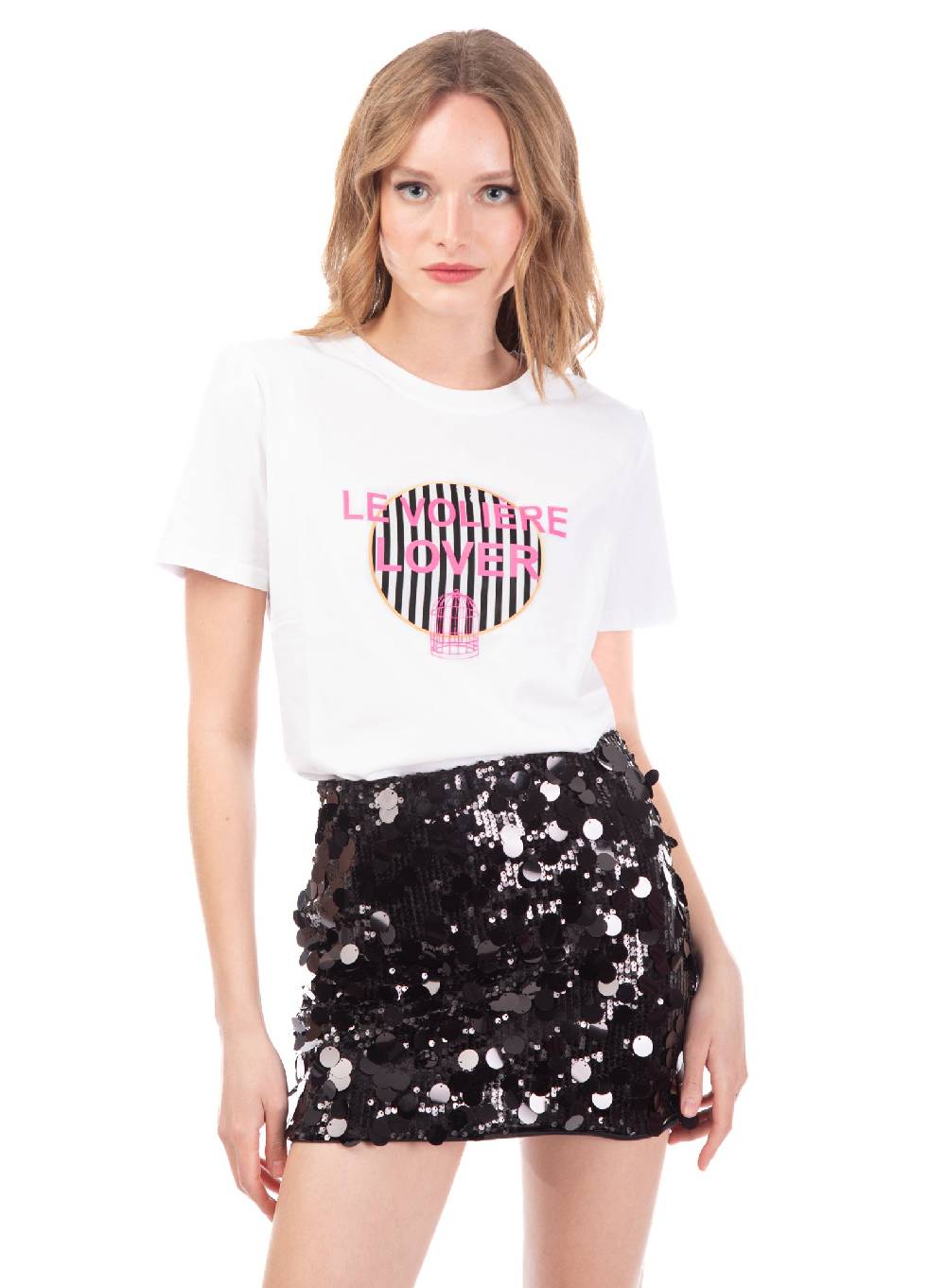 Le Volière T-shirt bianca con stampa rigata 'Le Volière'