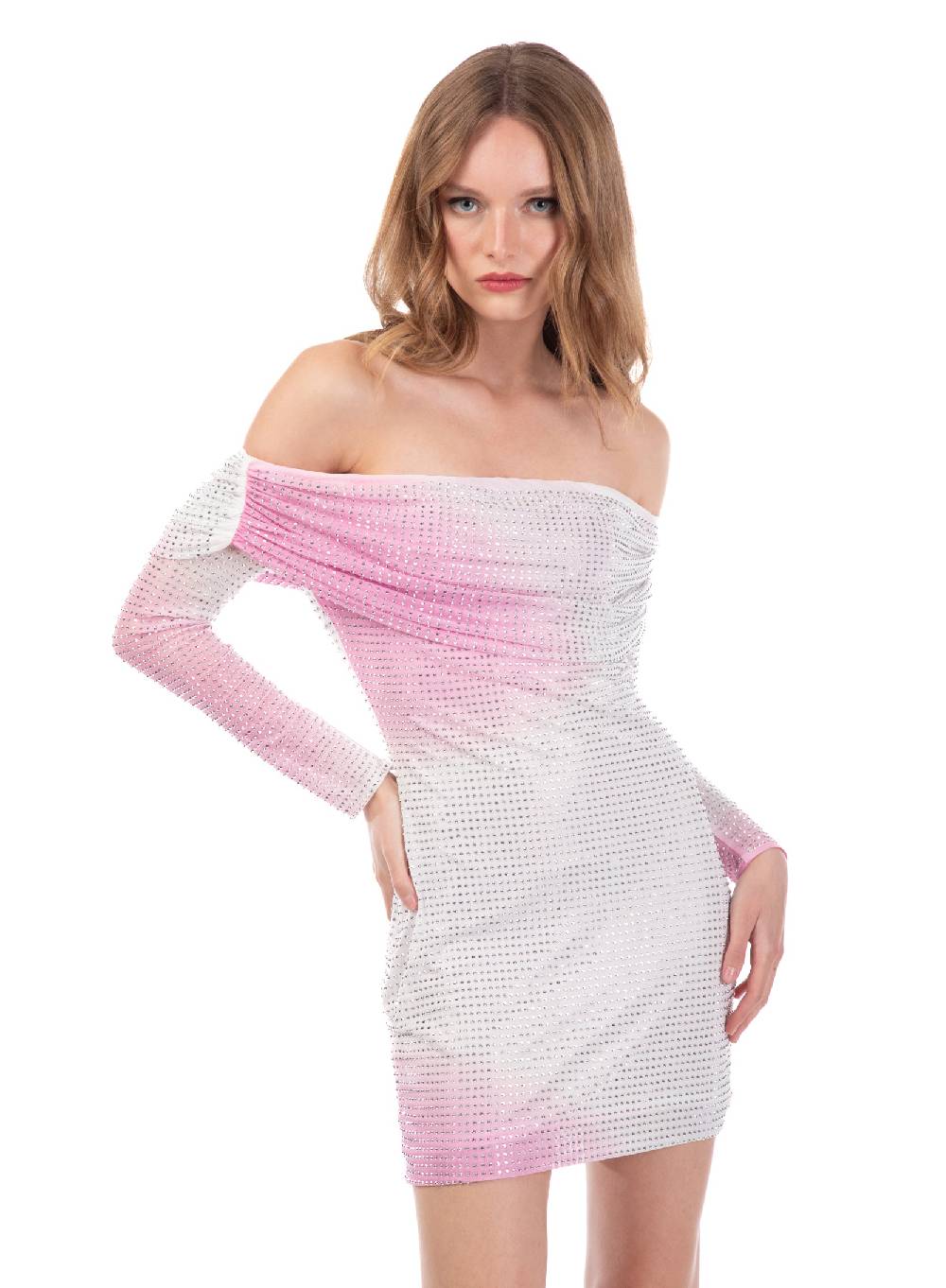 Le Volière Vestito Bianco E Rosa Con Strass Argento