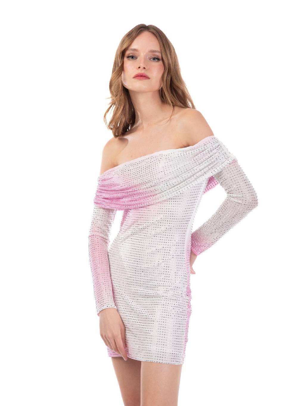 Le Volière Vestito bianco e rosa con strass argento
