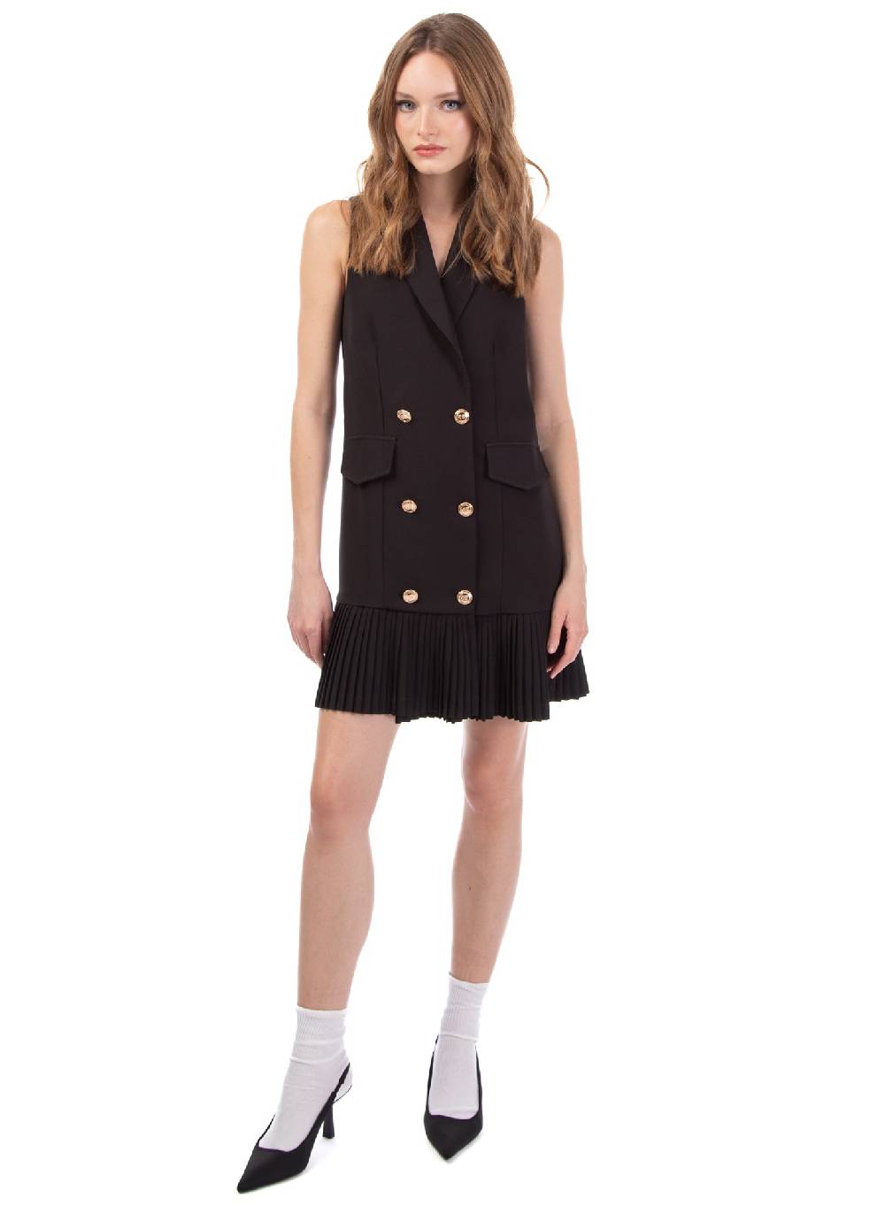 Le Volière Vestito Blazer Smanicato Beige O Nero Con Plissè