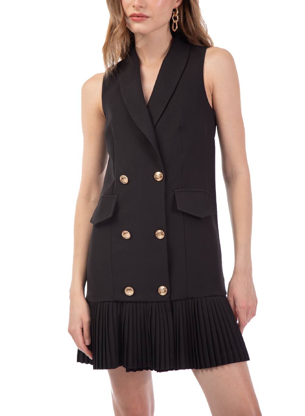 Le Volière Vestito Blazer Smanicato Beige O Nero Con Plissè