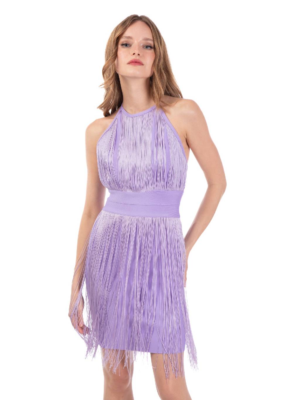 Le Volière Vestito Di Frange Lilla Con Scollo All'americana